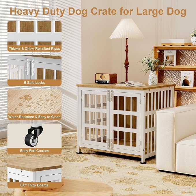 27" Dog Crate Furniture for Small Dogs, Heavy Duty Dog Cage for Small & Medium Dogs with Wheels, Indoor Puppy Crate, 26.6"L x 20.9"W x 23.8"H, Decorate House as TV Stand, End Table — Natural and White