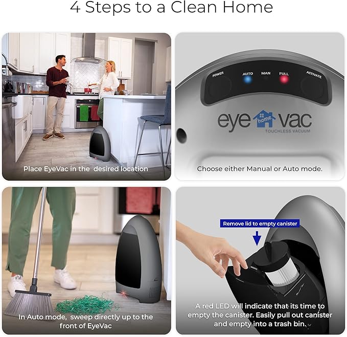 EyeVac Home Touchless Vacuum Automatic Dustpan - Great for Sweeping Pet Hair Food Dirt Kitchen - Ultra Fast & Powerful, No More Bending Down, Bagless, Corded, Automatic Sensors, 1000 Watt (Silver)