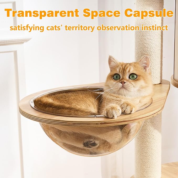 Cat Tree Modern Cat Tower for Large Cat with Scratching Post for Indoor, Solid Wood Multifunctional Cat Tower with Condo, Bed, Ladder, Space Capsule, Dangling Ball