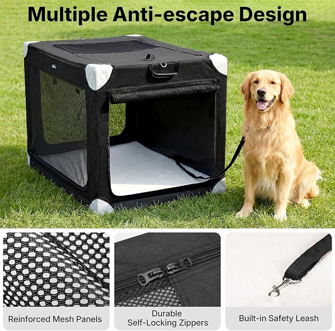 Veehoo Extra Large Dog Crate for Indoor Outdoor, Portable Collapsible Travel Dogs Crate, 48 Inch Soft Foldable Pet Kennel with 4-Door Mesh Windows
