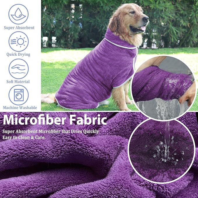 Dog Bathrobe Towel Dog Drying Coat - Super Absorbent Towels Bath Robe for Dogs Large, Soft Adjustable Collar & Belly Strap Fast Drying Coat Pet Cat Bath Robe (Violet, Large)