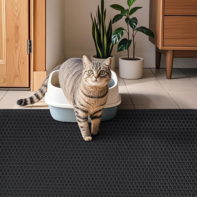 Cat Litter Mat - Extra Large XL 45"x32" Cat Litter Trapping Mat,Honeycomb Double Layer Traps Litter,Washable & Urine Proof,Non-Toxic,Soft EVA Litter Box Mat for Multi-Cat Homes(Black)