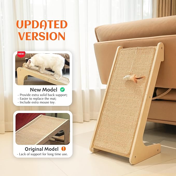 PETKARAY Cat Scratcher, Sisal Cat Scratching Ramp, L Shape Scratch Pad for Indoor Kitty, 27" Wall Furniture Protector with Mouse Toy