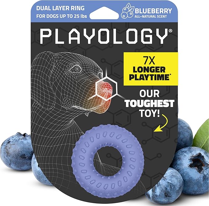 Playology Dog Toys | Dual Layer Ring Durable Chew Toy for Aggressive Chewers | Small Blueberry Scented Toy - Easy to Clean and Made from Non Toxic Materials