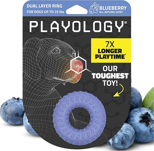 Playology Dog Toys | Dual Layer Ring Durable Chew Toy for Aggressive Chewers | Small Blueberry Scented Toy - Easy to Clean and Made from Non Toxic Materials