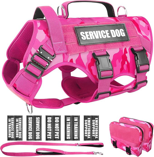 WINSEE Tactical Dog Harness with Dog Leash, Service Working MOLLE Vest with 10 Pet Patches for Dog, No Pull Military Harness and Backpack for Training Hunting Walking