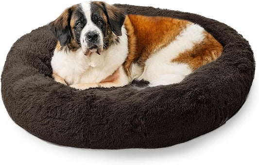 Best Friends by Sheri Original Calming Donut Dog and Cat Bed, Shag Faux Fur, Dark Brown, XL (45in x 45in) - Anxiety Relief for Pets Up to 150 lbs