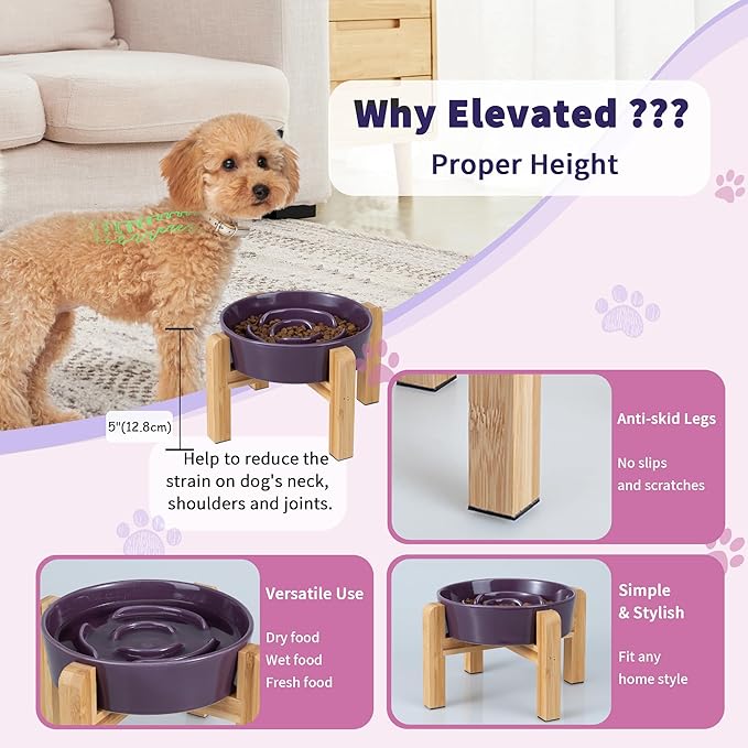 Elevated Slow Feeder Dog Bowl - Ceramic Maze Food Dish with Bamboo Stand - Raised Feeding Bowl for Fast Eaters - Ideal for Small and Medium Dogs - Purple - 6.7 inch