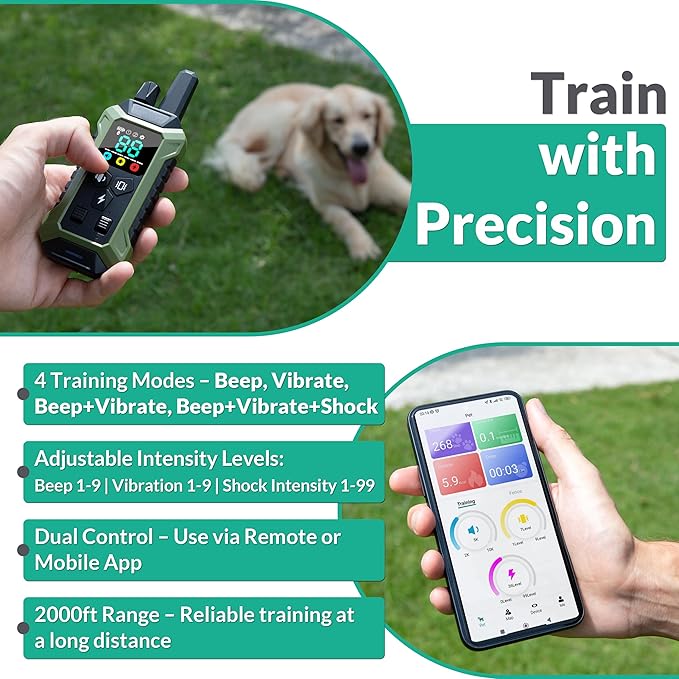 GPS Wireless Dog Fence System Collar – 2-in-1 Remote or App Controlled Boundary and Training GPS Dog Collar with 4 Training Modes – Covers up to 7000 Ft (3533 Acres)