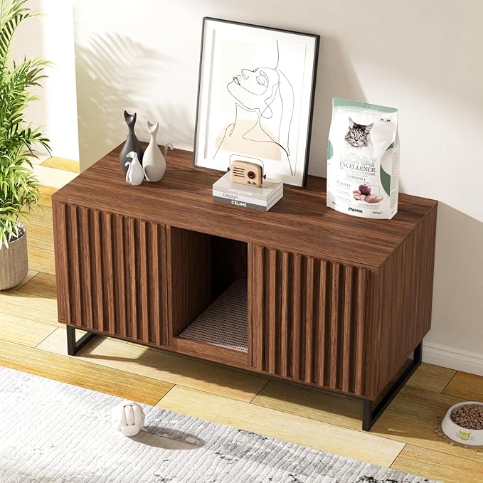 Double Litter Box Enclosure,Modern Cat Litter Box Enclosure for 2 Cats, Hidden Litter Box with Cat Scratch Pad, Cat Washroom Cat House End Table, Entryway Bench for Livingroom (Brown)