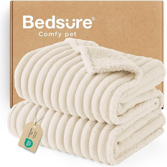 Bedsure Waterproof Dog Blankets for Large Dogs - Soft Pet Cat Blanket Corduroy Fleece for Bed Protector Washable, Cozy Calming Reversible Furniture Protection for Puppy,60"x80", Cream