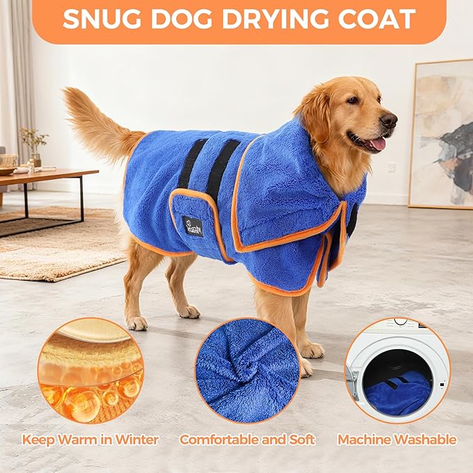 Mihachi Dog Bathrobe Towel Wrap Fast Drying with Drying Gloves Set, Super Absorbent Coral Fleece Dog Drying Coat Bath Robe for Puppy, Medium & Large Dogs, Adjustable Collar & Belly Strap, Blue XL