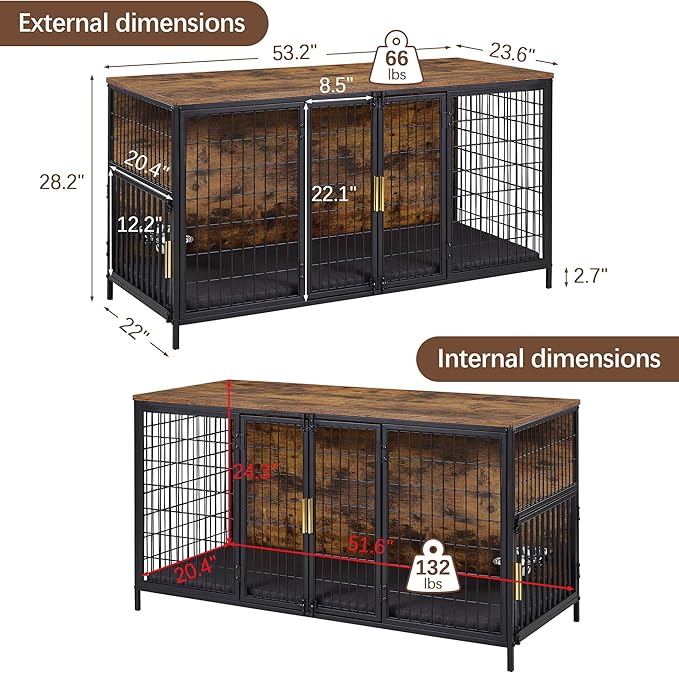VECELO Dog Crate Furniture for Medium/Large Dogs, Wooden Dog Cage with Cushion, Double Door, Dog Kennel End Table, Brown