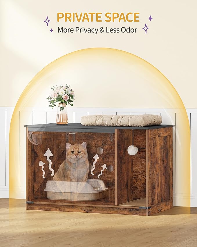 Cat Litter Box Enclosure, Hidden Litter Box Cabinet Furniture with Bell, Indoor Cats House, Farmhouse Style, 39.4 x 21.7X 24.8 Inches for Hallway, Bedroom, Rustic and Black CB85201X
