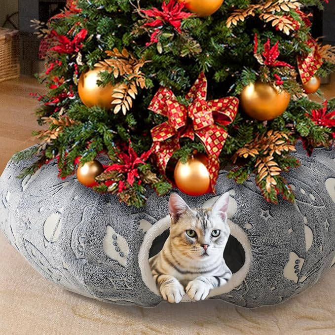 Large Cat Tunnels Bed Tube for Indoor Cats Under Christmas Tree Glows in The Dark Cat Tunnel with Cushion and Plush Ball Toy Longer Playground Toys for Dog Puppy Kitten Pet Gray