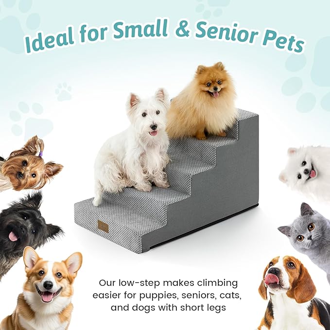 Dog Stairs for Small Dogs 17.7" H, 5-Step Gentle Incline Pet Step for Couch and Beds, Non-Slip Right-Angle Dog Ramp for Puppy Doggie Senior Cats, 17.7x29.5x17.7 Inch, Grey