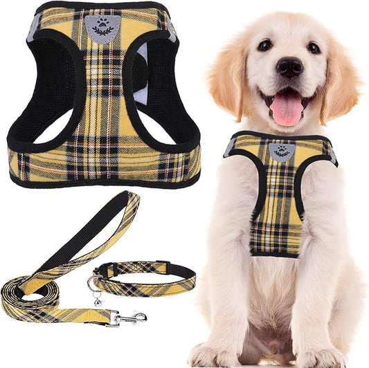 PUPTECK Adjustable Dog Harness Collar and Leash Set Step in No Pull Pet Harness for Small Medium Dogs Puppy and Cats Outdoor Walking Running, Soft Mesh Padded Reflective Vest Harnesses, Yellow, S