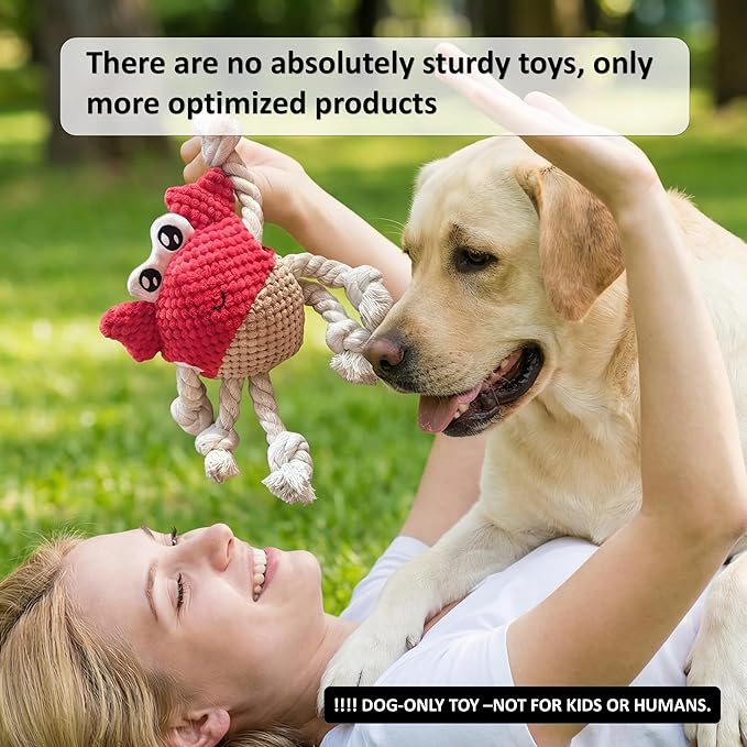 Squeaky Crab Dog Toy with Rope Legs - Durable Chew Toy for Small Dogs | Built-in Whistle & Crinkle Sounds | Teeth Cleaning | Interactive Dog Toys （RED）