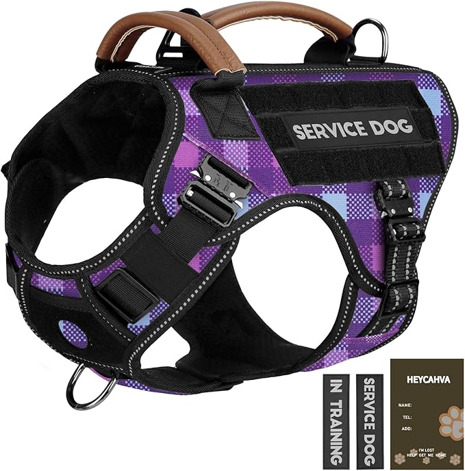 Service Dog Harness - Full Metal Buckles Dog Vest for Medium Large Dogs, Reflective No Pull with Leather Handle, Hook & Loop for Hiking Training (Purple, M)