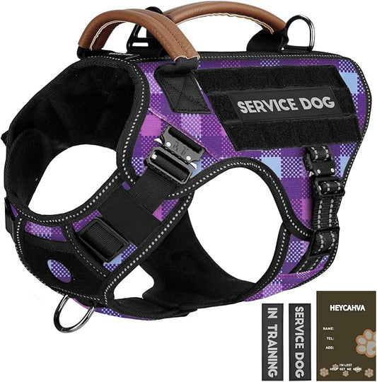 Service Dog Harness - Full Metal Buckles Dog Vest for Medium Large Dogs, Reflective No Pull with Leather Handle, Hook & Loop for Hiking Training (Purple, M)