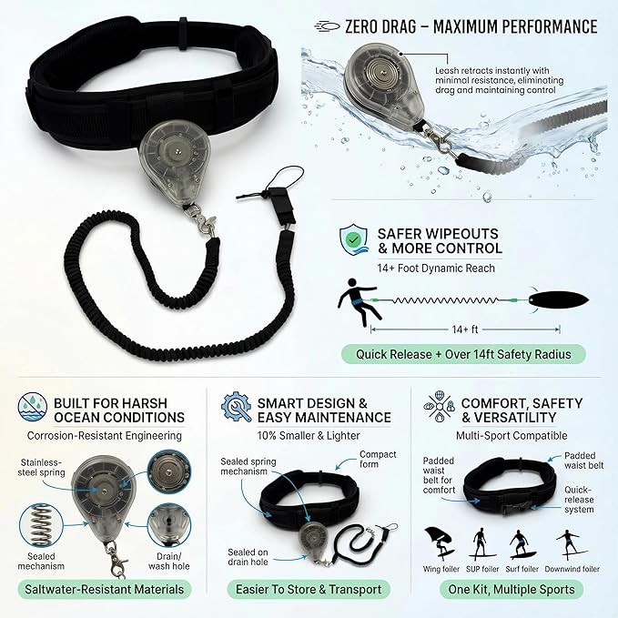 Blue Planet Waist Belt Kit - Including Zero Drag Retractable Leash System, Long Shock Cord and Lightweight Padded Waist Belt | Tangle-Free Foil waist leash kit (Hook and Leash tether NOT included)