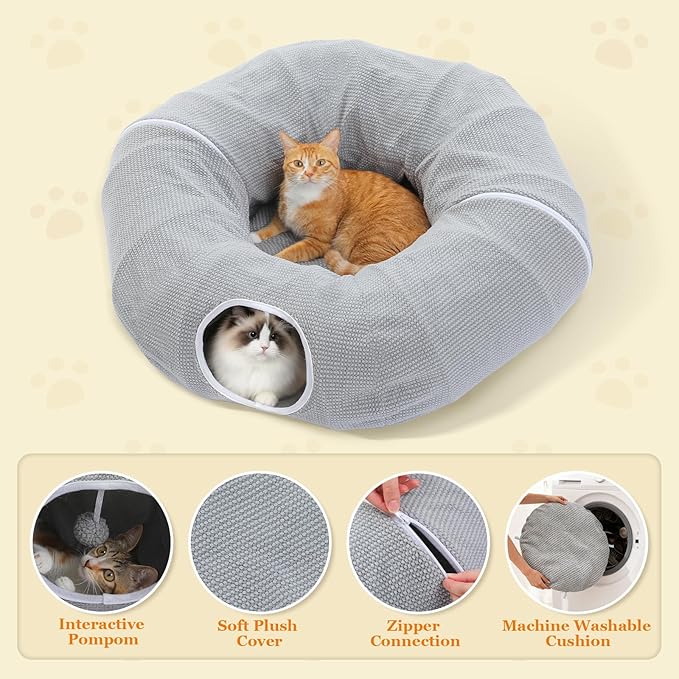 PEQULTI Cat Donut Tunnel with Bed for Indoor Cats, Cat Play Tunnel with Washable Soft Plush Mat, Round Tube Toys Cute Tube for Kittens, Puppies, Rabbits and Ferrets, Grey