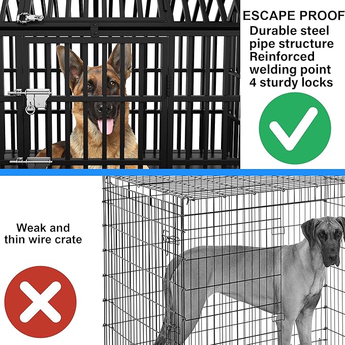 Heavy Duty Dog Crate 58 inch Durable Pet Dog Cage Crate Kennel with Roof Top 2 Doors Removable Trays Lockable Wheels Escape-Proof for High Anxiety Large/Extra Large Dogs Breeds