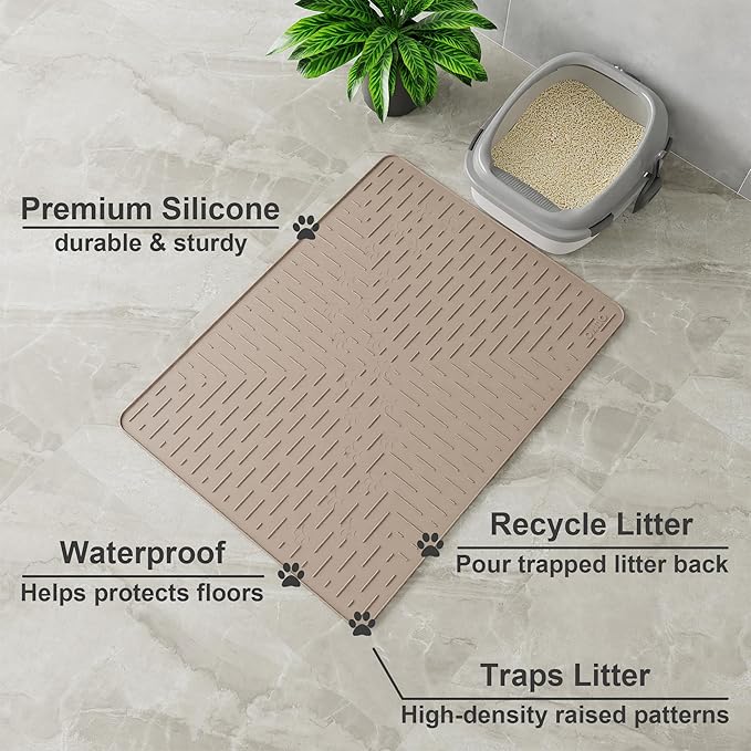 OHMO Cat Litter Mat Large Trapping Mat Premium Silicone Rubber 31.5x23.6 Beige，Waterproof and BPA Free Kitty Litter Box Mat, Easy to Clean and Keeps The Floor Tidy