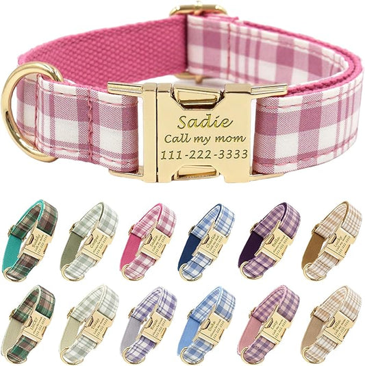 PETDURO Personalized Dog Collar Pink Plaid for Large Medium Dogs | Engraved Name and Phone Number on Gold Metal Buckle for Girls | Add Leash & Bow Tie via Customize Now
