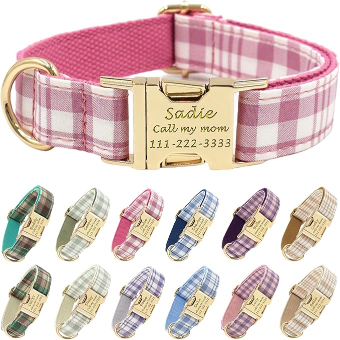 PETDURO Personalized Dog Collar Pink Plaid for Large Medium Dogs | Engraved Name and Phone Number on Gold Metal Buckle for Girls | Add Leash & Bow Tie via Customize Now