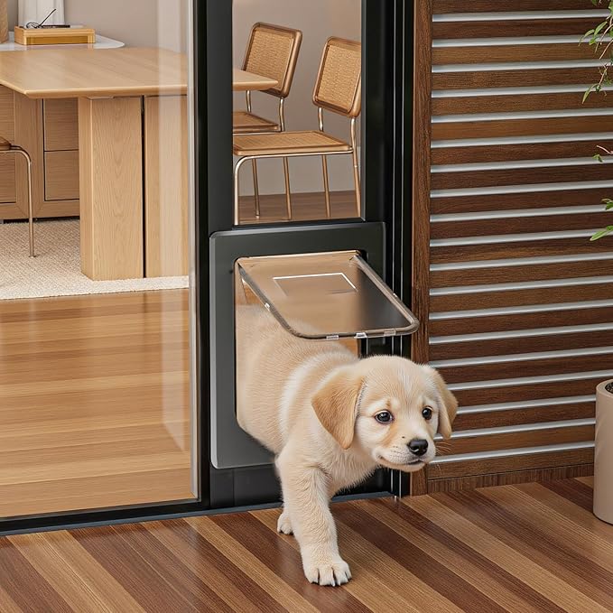 Dog Door for Sliding Glass Door, Magnetic Plastic Flap Sliding Door Pet Insert with Lock, Adjustable Height 74.2”-80.7”, No-Cut Installation for Patio Dog Access(Black S)
