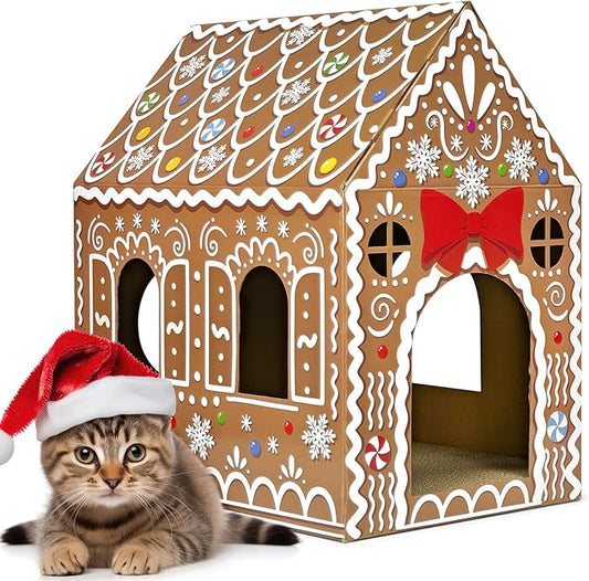 Cinrobiye Christmas Cardboard Cat House with Scratcher Pet Gingerbread Board Bed Cave Playhouse Hideaway Hideout Condo Decor Small Animals Scratch Box for Indoor Cats Kittens Rabbits Bunny (Brown, 1)