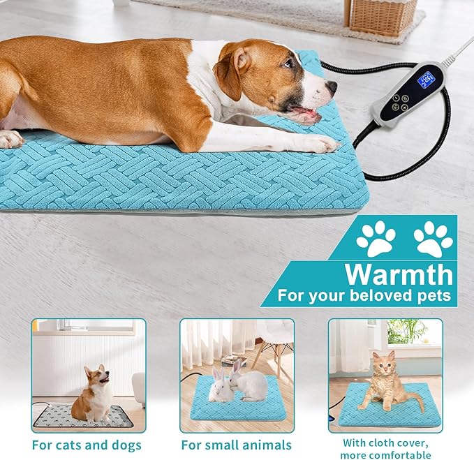 Cat Heating Pad, 18x18 in Pet Heating Pad for Dogs and Cats, Heated Cat Bed with Chew Resistant Cord, Temperature and Timer Adjustable Controller, Soft Plush Cloth Cover