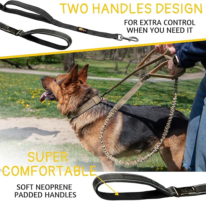 ADITYNA Tactical Bungee Dog Leash 6ft-7.5ft - Shock Absorbing Lead with 2 Padded Handles, Metal Clasp, Car Seatbelt - Heavy Duty No Pull for Medium, Large & XL Breeds