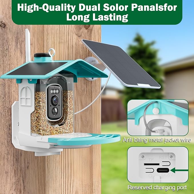 Smart Bird Feeder with Camera Solar Powered - AI Bird Identification, 2K HD Video Live Stream Camera, 3MP Photos, 2.9in Focus, Gifts for Mom Dad Birdlovers, Blue