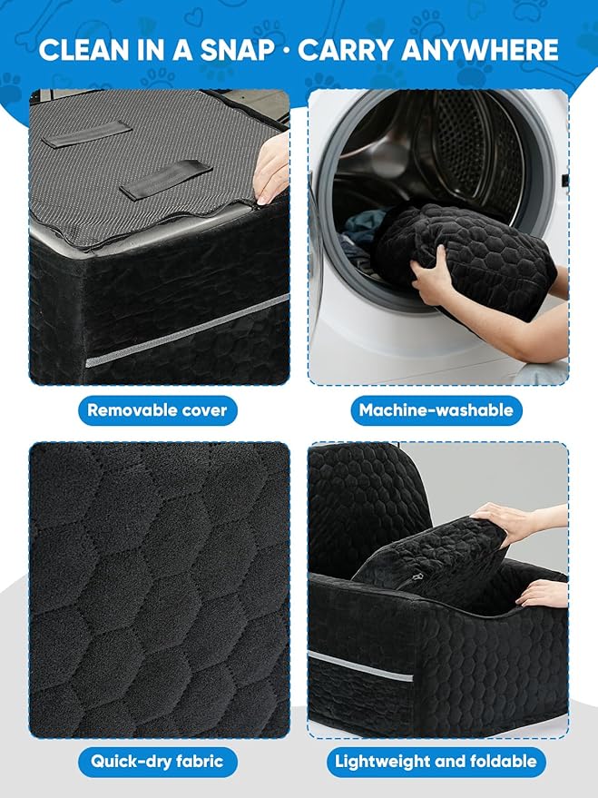 Dog Car Seat for Small/Medium Pets, Adjustable Booster Seat with Safety Leash, Washable Cover & Storage Pockets (Up to 35 lbs, Black)