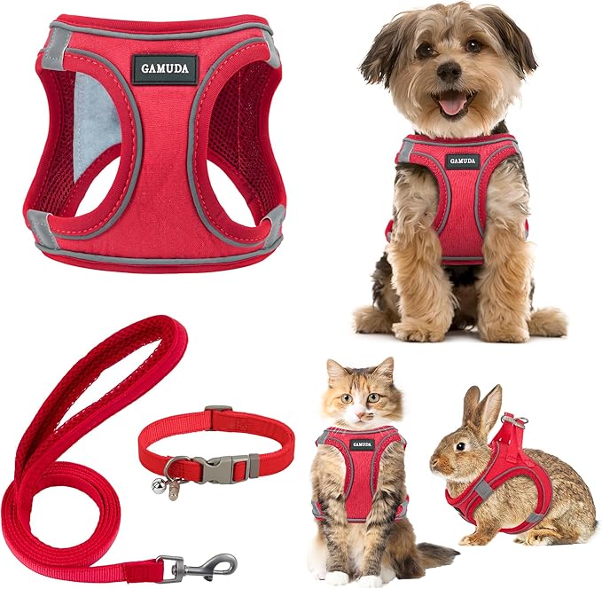 GAMUDA Small Pet Harness Collar and Leash Set, Step in No Chock No Pull Linen Fabric Soft Mesh Dog Vest Harnesses Reflective for Dogs Puppy Cats Kitten Rabbit (Red, XS)