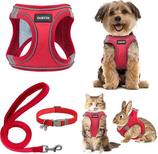 GAMUDA Small Pet Harness Collar and Leash Set, Step in No Chock No Pull Linen Fabric Soft Mesh Dog Vest Harnesses Reflective for Dogs Puppy Cats Kitten Rabbit (Red, XXS)