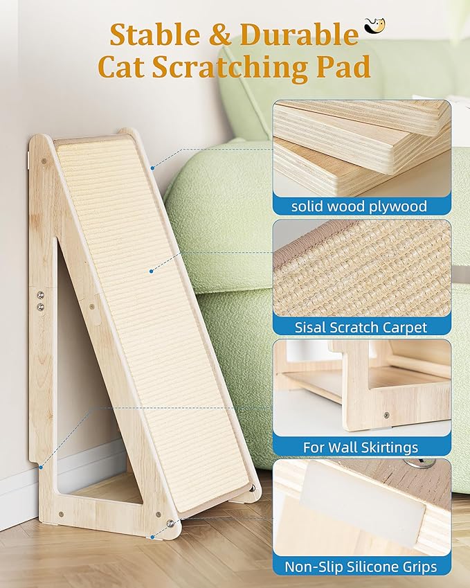 26.4'' Sisal Cat Scratcher Ramp for Indoor Large Cats, Vertical Scratching Post, Wooden Cat Furniture