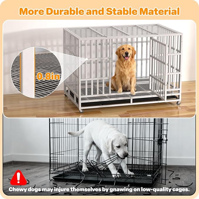 Heavy Duty Dog Crate 48 Inch, Indestructible Dog Crate with Removable Tray, Escape Proof & High Anxiety Dog Kennel Indoor, Metal Dog Cage with Wheels for Large Dogs, XL XXL XXXL