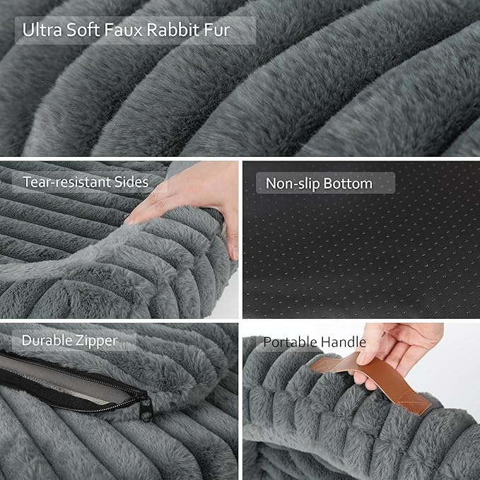 Orthopedic Dog Bed for Small Medium Dogs & Cats - Soft Furry Puppy Bed with Removable Washable Cover & Anti-Slip Bottom, Calming Rectangle Cat & Puppy Bed for Indoor Pets, 25x21x4inches, Grey