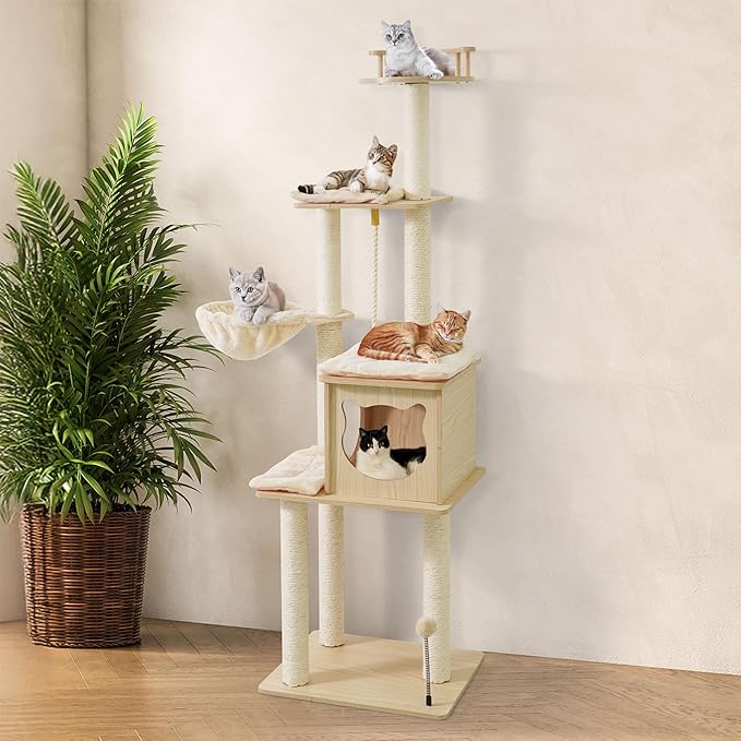 64” Wooden Cat Tree Tower for Indoor Large Cats & Kittens, Modern Tall Cat Climbing Tree w/Cave Condo, Scratching Posts, Hammock, Multi-Level Cat Tower w/Interactive Toy & Detachable Cushion