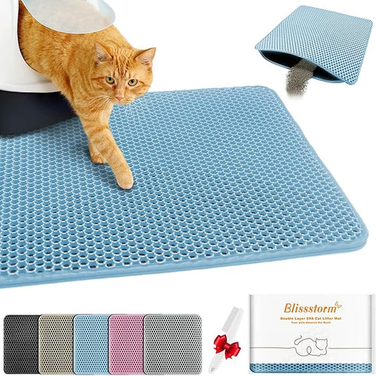 Waterproof Cat Litter Mat, Double Layer EVA, Odor-Free Large Grid, Urine Proof, Easy Cleanup (Blue, 27 x 46)