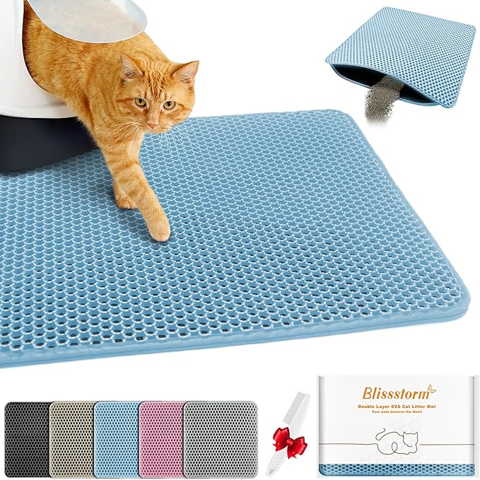 Waterproof Cat Litter Mat, Double Layer EVA, Odor-Free Large Grid, Urine Proof, Easy Cleanup (Blue, 18 x 24)