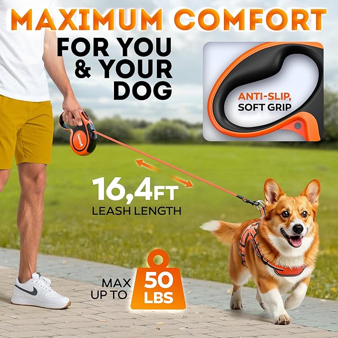 2025 New Retractable Dog Leash 16.4 ft – Heavy Duty for Dogs up to 50 lbs, Stainless Steel Spring, 360° Tangle-Free, One-Touch Lock Control, Soft Anti-Slip Handle – Strong, Durable Pet Leash (Orange)