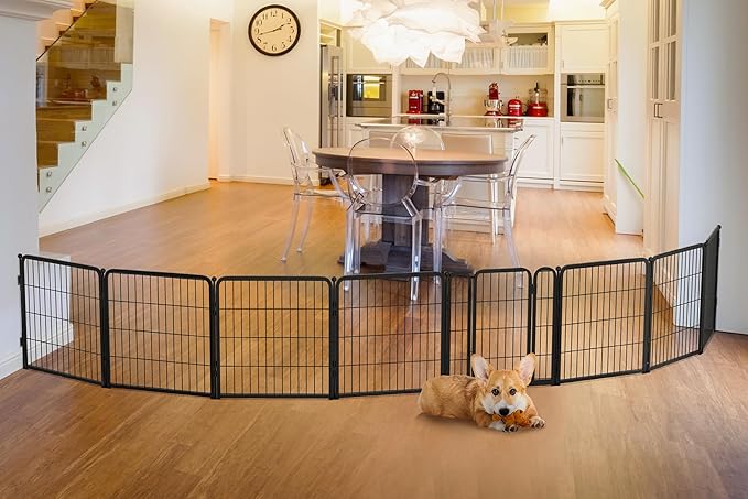 FXW Dog Gate Extra Wide Designed for Indoor Use, Adjustable Width Up to 183-inch Wide (24" H 8 Wire Panels for Puppies and Small Dogs), Black