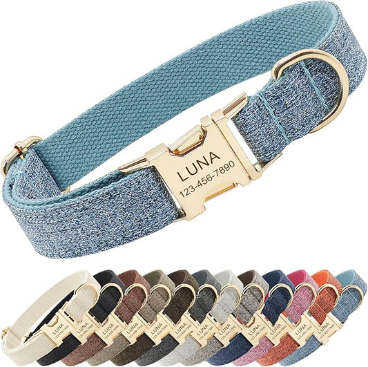 Polyester Personalized Dog Collar with Name and Phone Number, Customizable Laser-Engraved Collar with Metal Quick Release Buckle for Dogs (Light Blue)