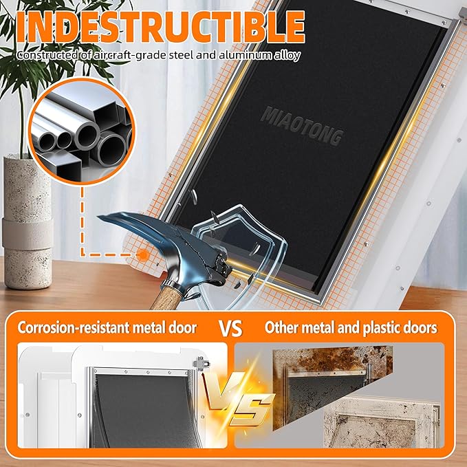 MIAOTONG 3-Flap Dog Door for Wall, Double Magnetic Flaps Pet Door for Wall, Aluminum Lock Doggy Door,Steel Frame and Telescoping Tunnel Dog Doors and Cat Doors(Pets Up to 40 Lb) -Medium