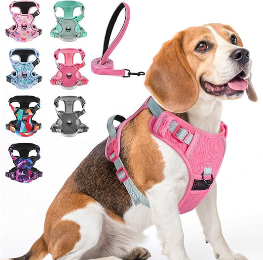 BEAUTYZOO No Pull Dog Harness Large, Adjustable Dog Harness and Leash Set -Easy Wearing with 3 Buckles/Control Handle,No Choke Soft Padded Reflective Pet Vest for Training Walking Hiking,Rose M
