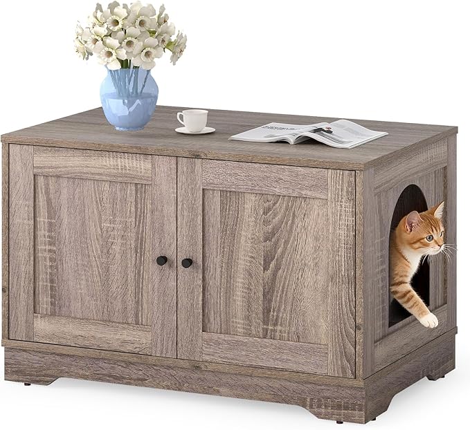 Tangkula Cat Litter Box Enclosure, Wooden Kitty Washroom Cabinet w/Winding Entry & Cat Hole, with Divider, Hidden Double Enclosed Litter Box Furniture for Living Room, Bedroom, Entryway (Grey)